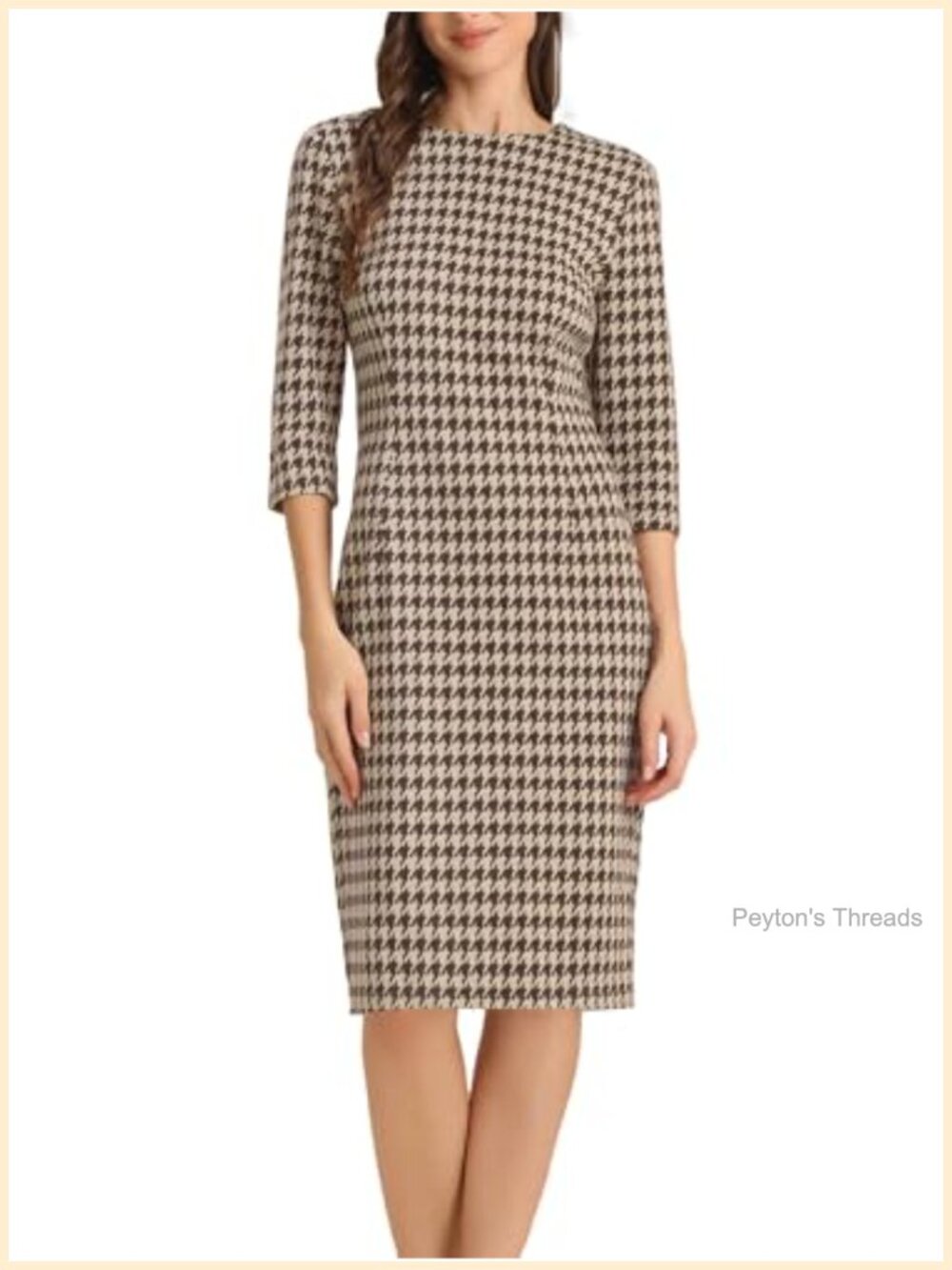 Women's Houndstooth Sheath Dress 3/4 Sleeve Work Office Bodycon Knit